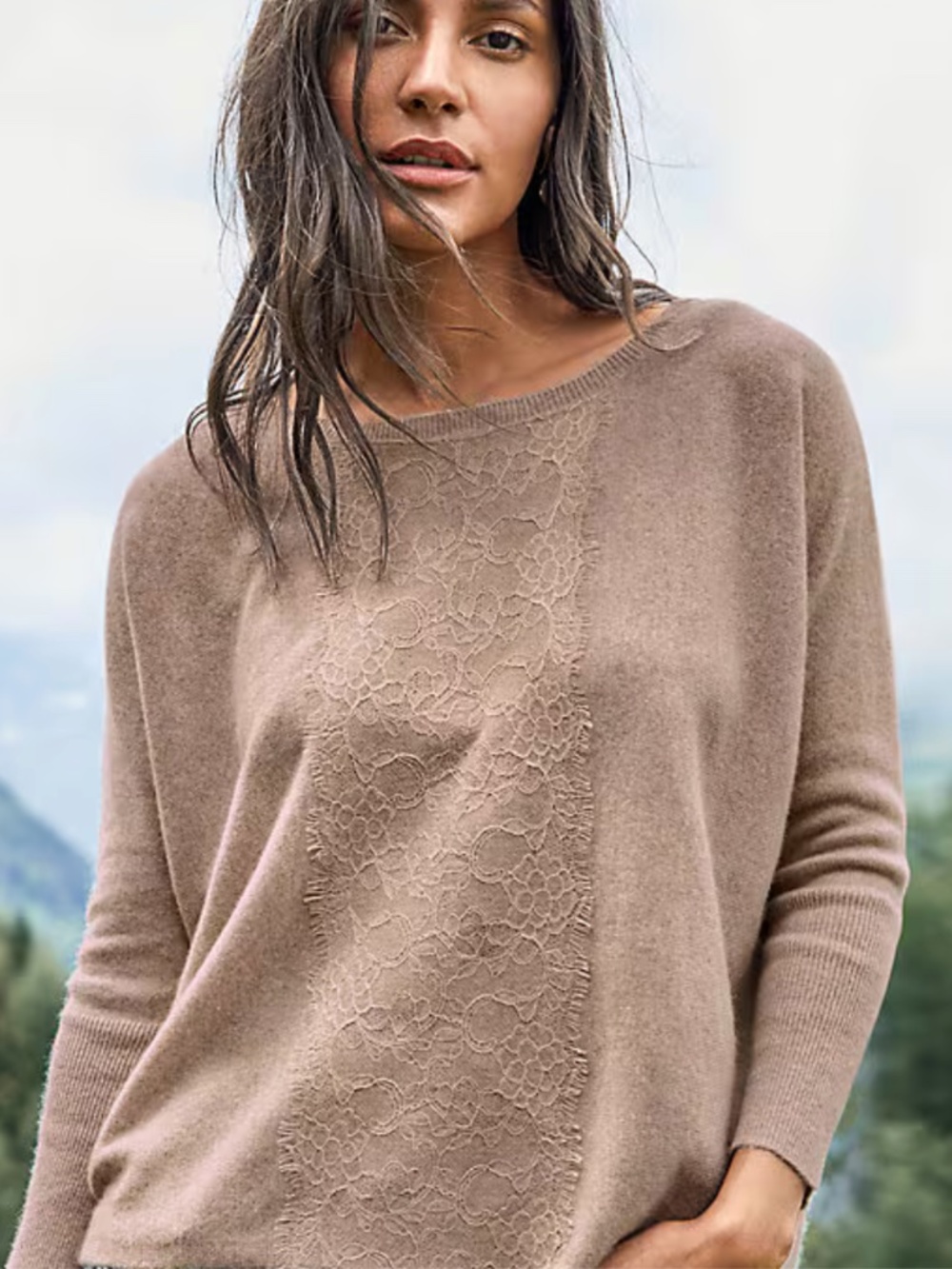 Garnet Hill Lace-Inlay Crew Sweater in Cashmere Blush - Picture 2 of 7